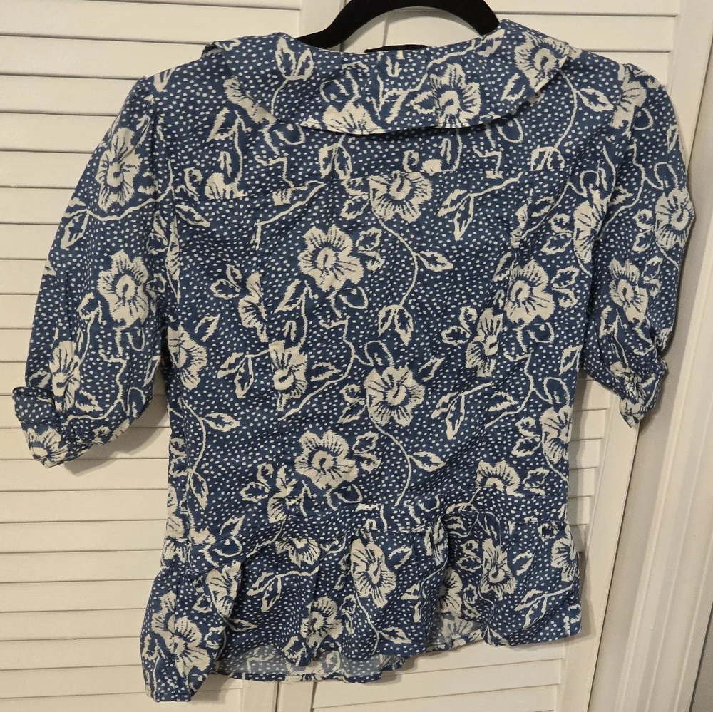 PAIGE Womens Blue and White Ruched Sailor Collar Blouse - Picture 2 of 8